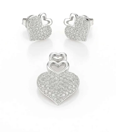 Set Doble Corazón – Aretes y Dije de Plata con Circonias