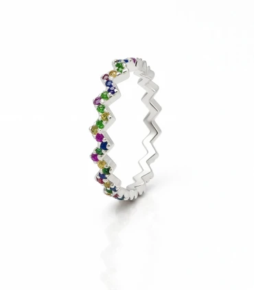 Ritmo de Color – Anillo de Plata Zigzag con Gemas Multicolor